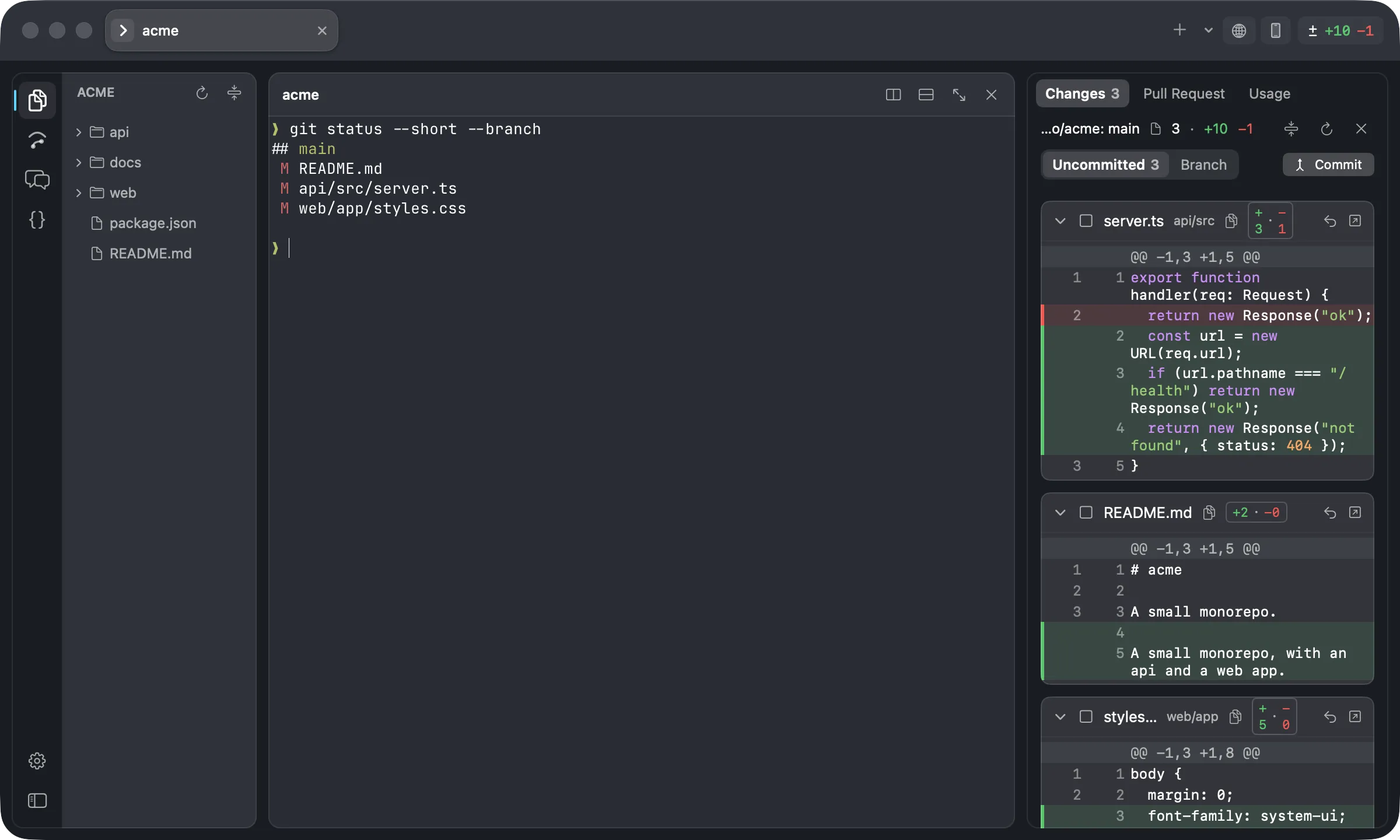 Overterm with a terminal on the left and the changes pane on the right, showing a diff with its staged and unstaged lines