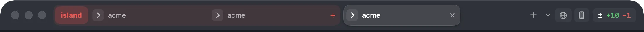 Overterm's tab strip: two tabs collected into a coloured island, and one tab outside it